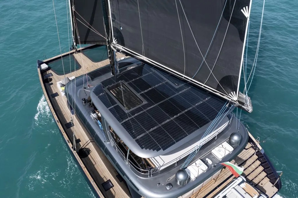 Aerial view of the solar roof aboard S/Y Lingzhi while sailing